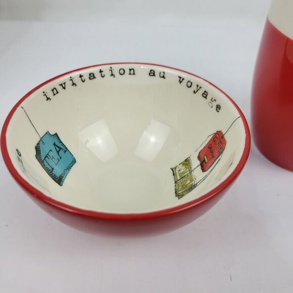 Maisons du Monde Tea Mug Cup & Bowl Set Red & Tan Invitation to Travel NWT - Picture 5 of 10
